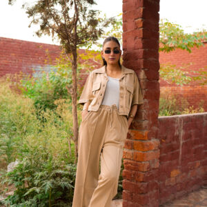 BIG Pocket cropped-down shoulder almond beige Co-ord set
